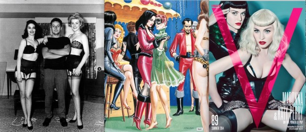 Eric Stanton e duas modelos em 1961; ilustração de seu livro Desire and Discipline, de 1965; Madonna e Katy Perry se transformam em dominatrix na capa da revista V (Foto: Cortesia Taschen; Cortesia Revista V)