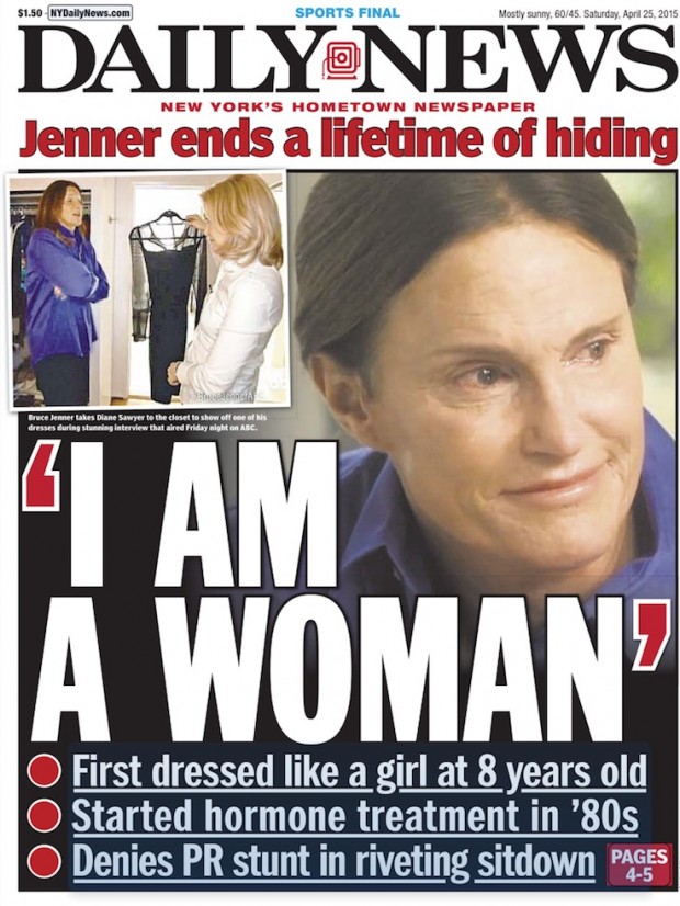 Primeira página do jornal Daily News deste sábado, com detalhe de Diane Sawyer conferindo o vestido que Bruce Jenner usaria num jantar privado feito para a apresentadora da rede ABC. (Foto: Reprodução)