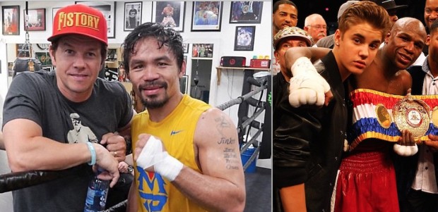 Lutadores e seus fãs famosos: Mark Wahlberg com Pacquiao; Justin Bieber com Mayweather (Foto: Instagram)