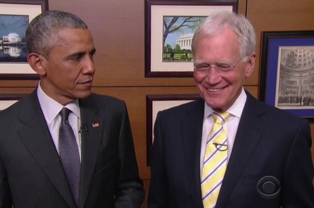 Barack Obama na abertura do último programa de Letterman.