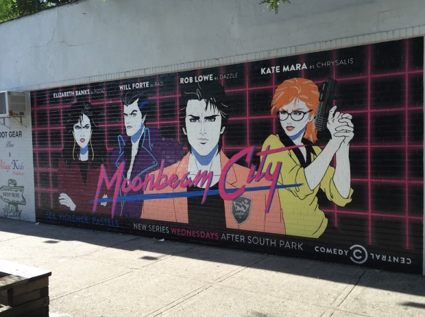 Pôster do novo seriado de animação "Moonbeam City" em rua de Manhattan. (Foto: Marcelo Bernardes)