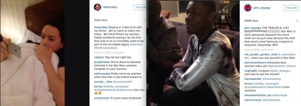 Novos atores de "Star Wars", Daisy Ridley e John Boyega, reagem no Instagram. (Foto: Reprodução)