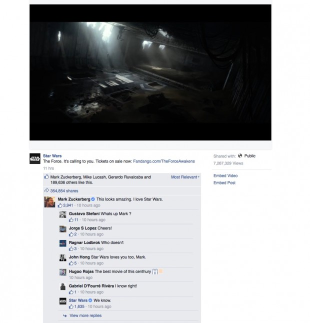 O comentário de Mark Zuckerberg sobre o trailer de "Star Wars" no Facebook. (Foto: Reprodução)