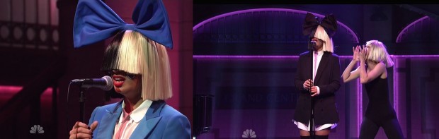 A cantora Sia em suas duas apresentações no "SNL". (Foto: Reprodução)