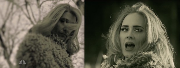 A "Adele" de Matthew McConaughey e a Adele no video oficial de "Hello". (Foto: Reprodução)