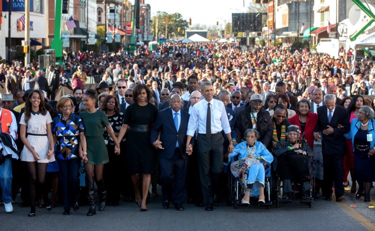 March 7, 2015 “For Presidential trips, I usually have another White House photographer accompany me so he or she can preset with the press and obtain angles that I can’t, as I usually stay close to the President. Lawrence Jackson made this iconic image from the camera truck as the First Family joined others in beginning the walk across the Edmund Pettus Bridge.” (Official White House Photo by Lawrence Jackson)