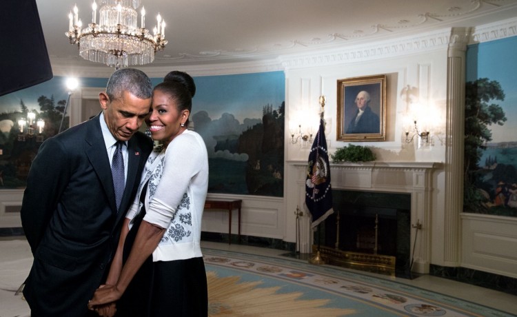 March 27, 2015 “The First Lady snuggled against the President during a video taping for the 2015 World Expo in the Diplomatic Reception Room of the White House.” (Official White House Photo by Amanda Lucidon)