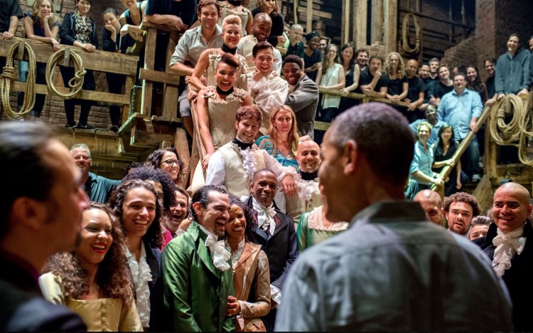 July 18, 2015 “The President greets the cast and crew of ‘Hamilton’ after seeing the play with his daughters at the Richard Rodgers Theatre in New York City.” (Official White House Photo by Pete Souza)