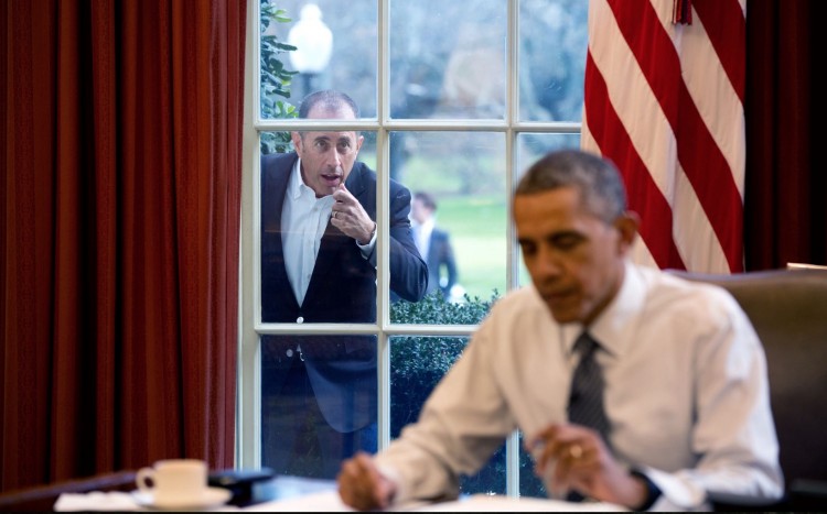 Dec. 7, 2015 “Comedian Jerry Seinfeld knocks on the Oval Office window to begin a segment for his series, ‘Comedians in Cars Getting Coffee.’” (Official White House Photo by Pete Souza)