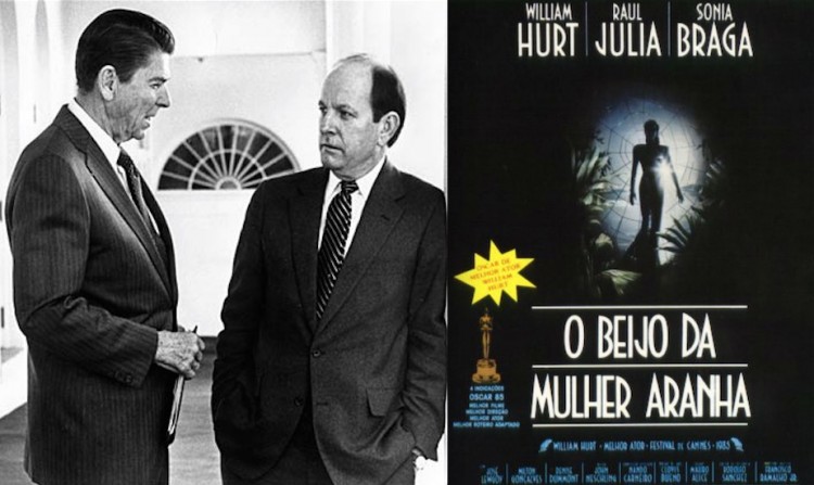 Ronald Reagan com seu secretário de imprensa Mike Deaver.  Reagan e a primeira-dama Nancy odiaram o filme "O Beijo da Mulher Aranha", recomendado por Deaver.