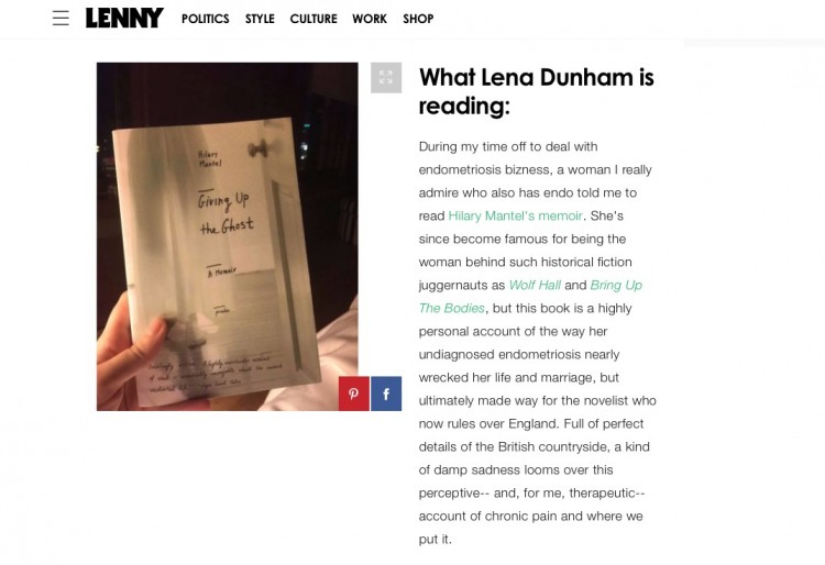 Em sua newsletter Lenny Letter, a atriz Lena Dunham indica seus livros favoritos como Giving up the Ghosts, da inglesa Hilary Mantel (Foto: Reprodução)