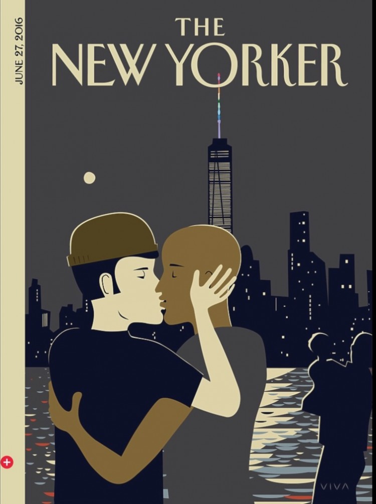 Capa "Love" do ilustrador e autor de livros infantis Frank Viva. Casal gay se beija na frente do prédio One World Trade Center com antena iluminada com as cores LGBT. (Foto: Reprodução)