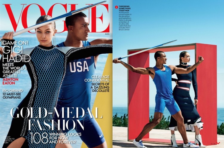 A modelo Gigi Hadid, filha do decatleta transgênero Caytlin Jenner posa ao lado da nova esperança para a modalidade, o atleta Ashton Eaton. (Foto: Mario Testino/Vogue)