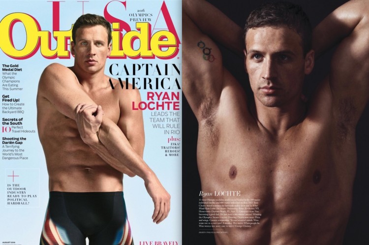 O nadador americano Ryan Lochte na capa da revista Outside e em ensaio na revista Interview. (Fotos: Peter Hapak/Outside; Sebastian Kim/Interview)